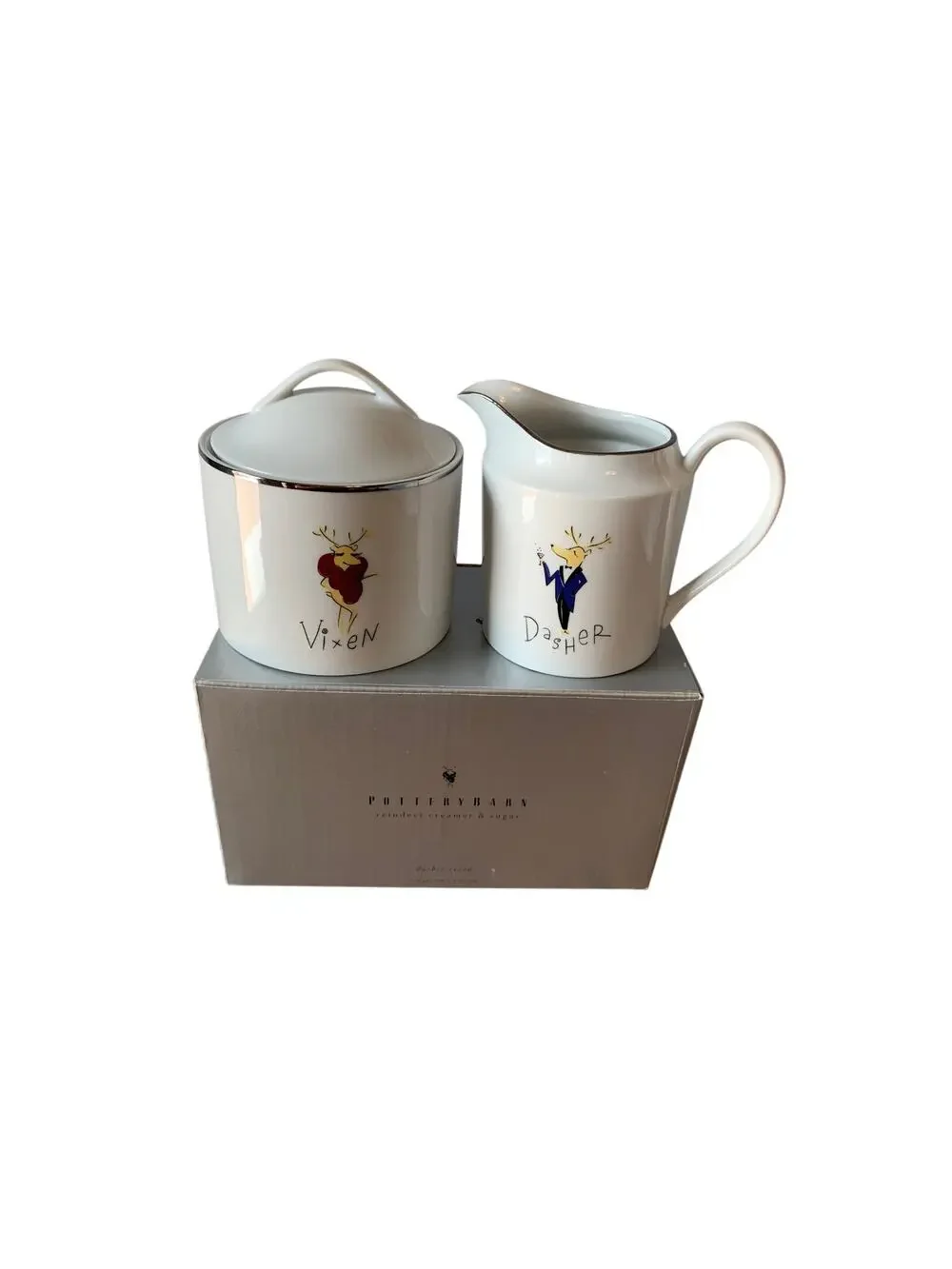 Pottery Barn Reindeer Vixen Dasher Creamer Sugar Bowl Set Christmas Porcelain